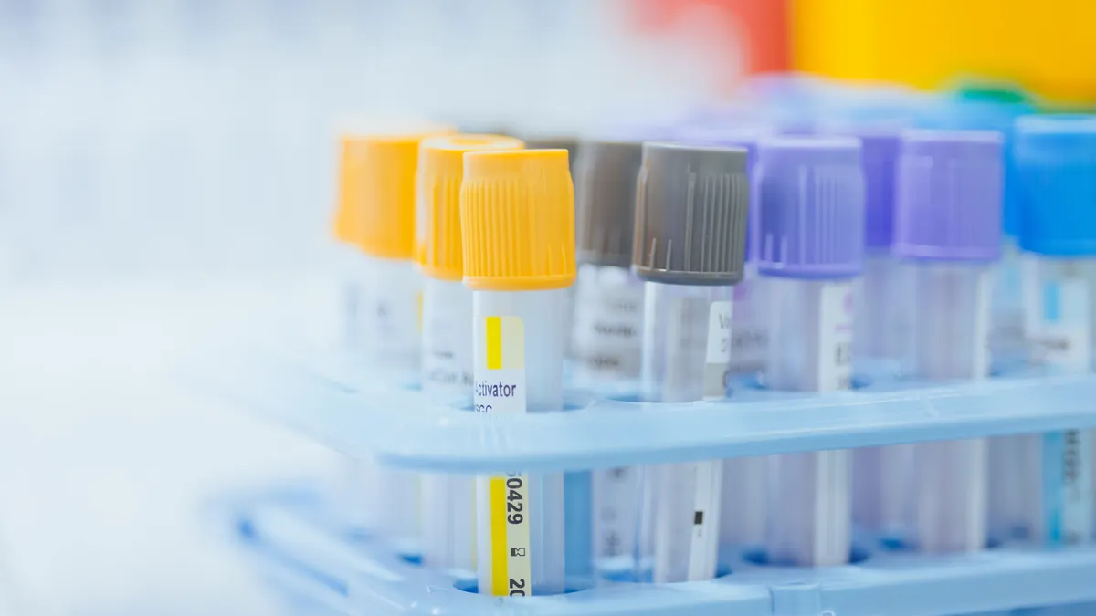 Blood collection tubes in a rack