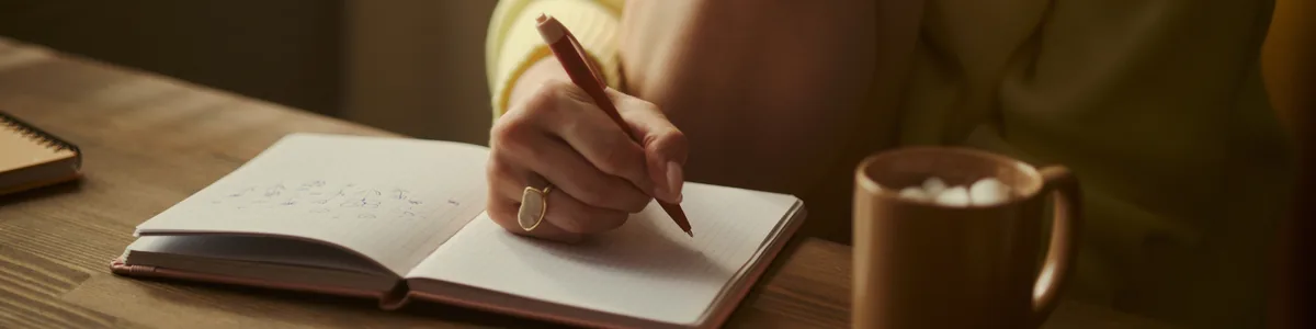 A person writing in a notebook with a cup of tea