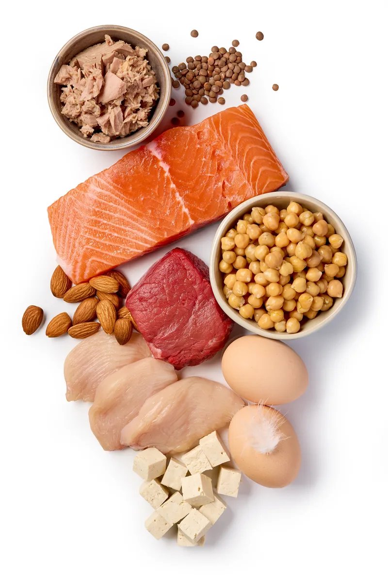 Protein foods including salmon, chicken, eggs, tofu, chickpeas and lentils